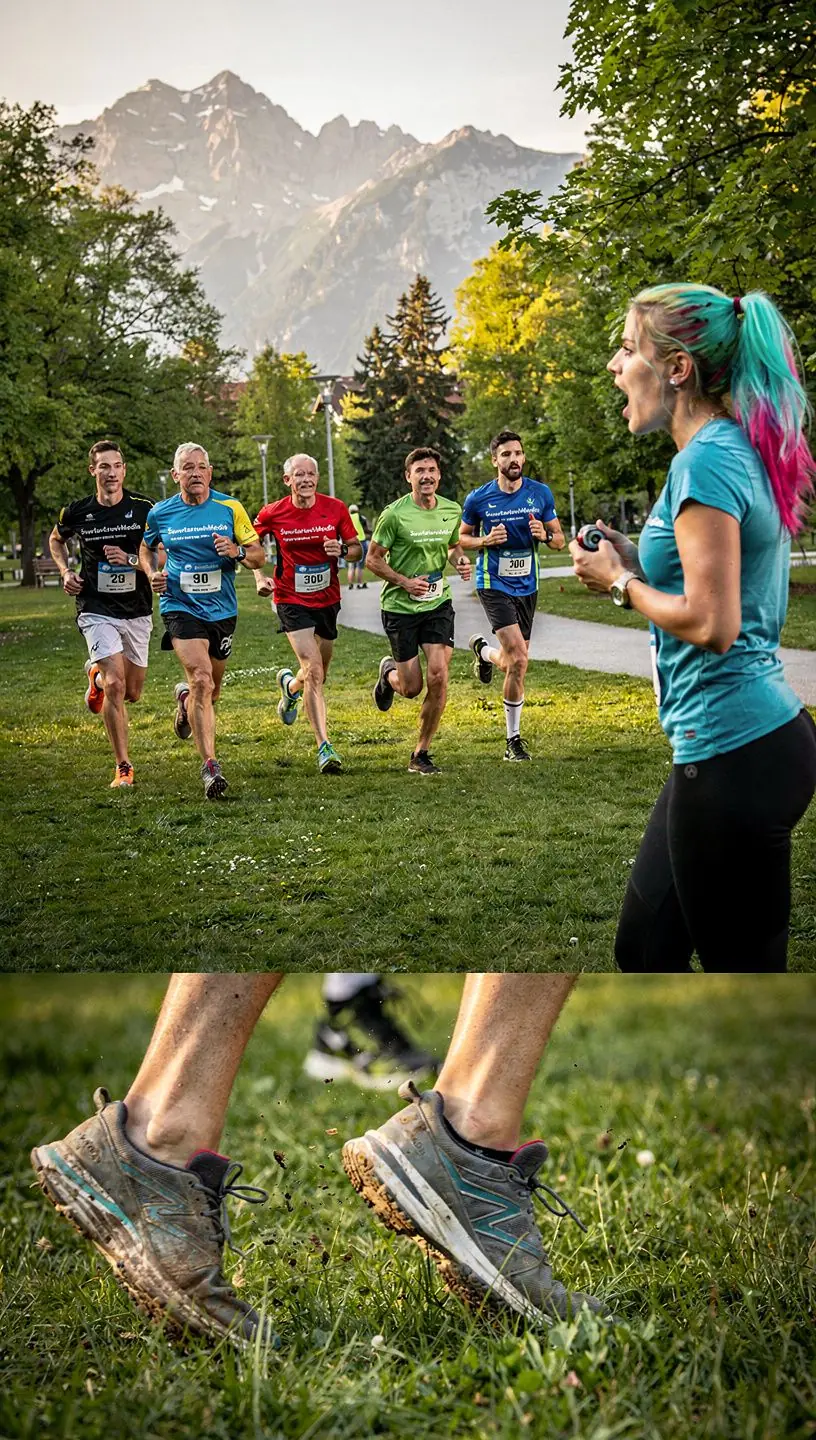 Gruppe von Sportlern, die an einem Halbmarathon-Wettkampf teilnehmen und sich gegenseitig anfeuern.