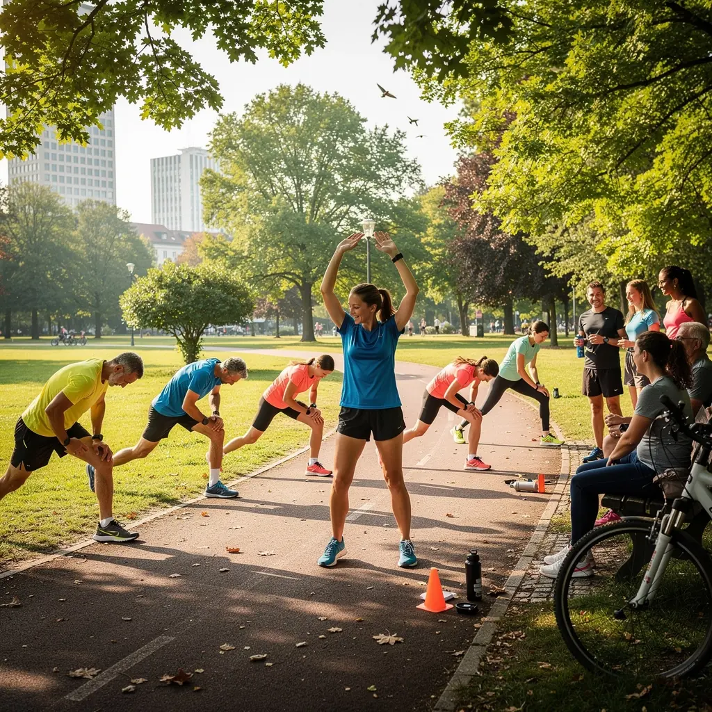 Gruppe von Sportlern, die an einem Halbmarathon-Wettkampf teilnehmen und sich gegenseitig anfeuern.